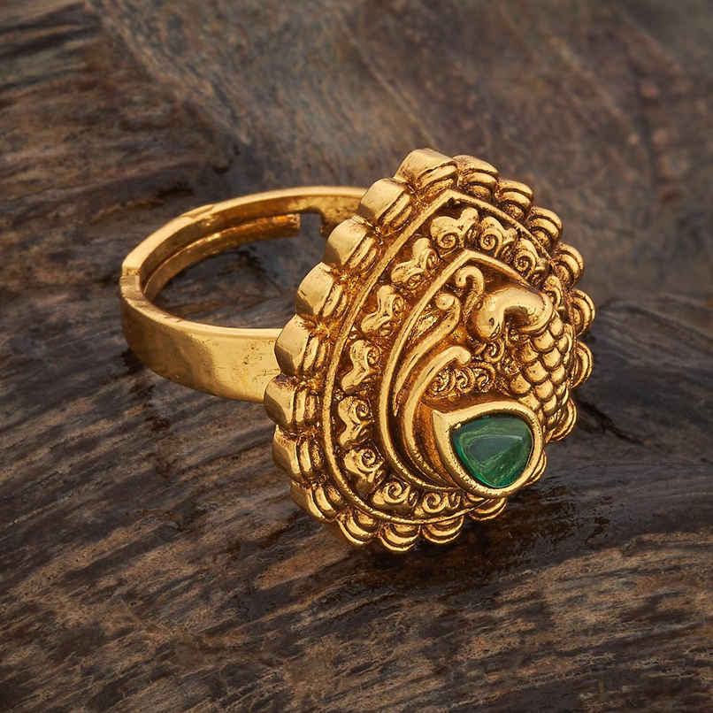 Kushal s Fashion Jewellery Green Gold-Plated Synthetic Stones Antique Finger Ring | 435974