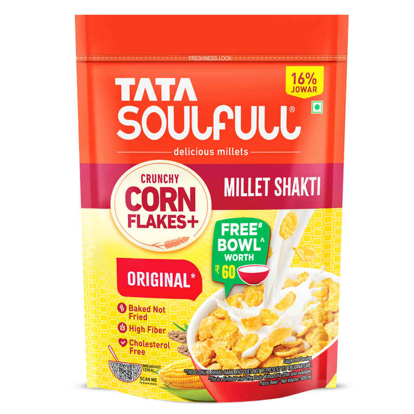 Tata Soulfull Corn Flakes, Original, Crunchy Corn & Millets, Baked Not Fried, With Free Bowl Tata Soulfull Corn Flakes, Original, Crunchy Corn & Millets, Baked Not Fried, With Free Bowl