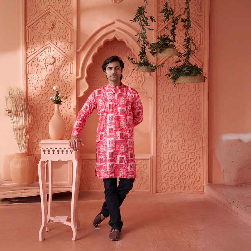 House Of Festivals Men's Printed Cotton Blend Long Kurta | Pink -S