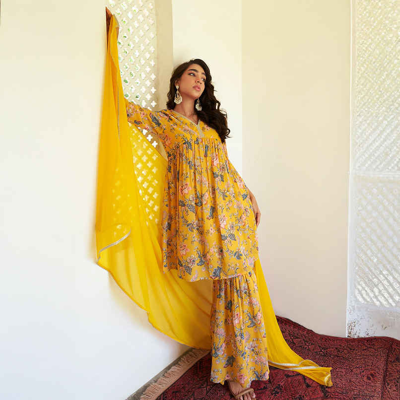 Janasya Women's Yellow Georgette Digital Floral Printed Kurta with Sharara and Dupatta | XL