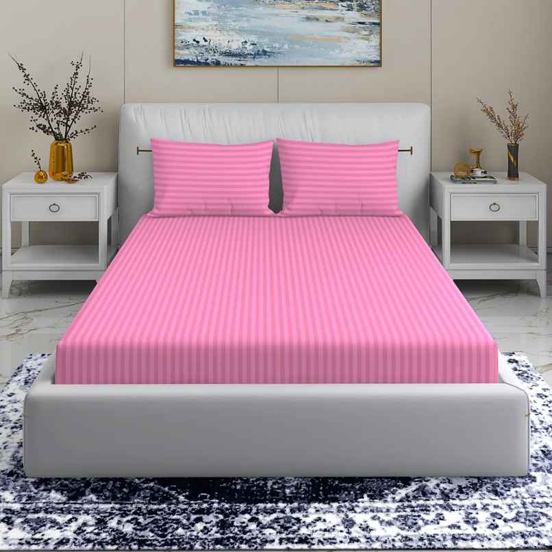 Homeharmony Plain Pink Lining Double Bed Bedsheet with 2 Pillow Covers (220x250 cm)