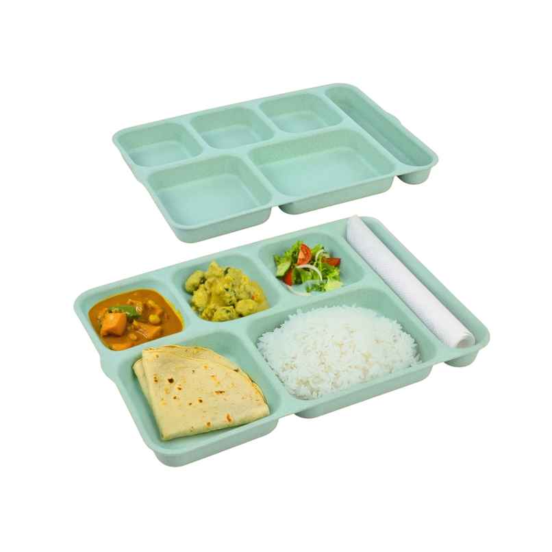 Eha Earth Friendly 6 Partition Plates | Set Of 2 | Made With Rice Husk Biocomposite |Celeste