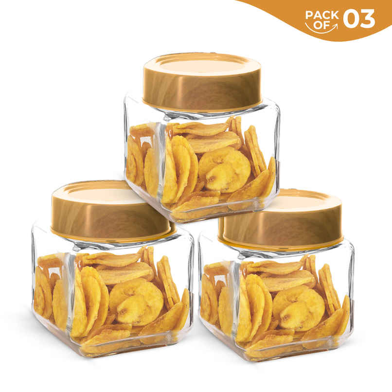 YERA GLASSWARE Premium Woody Airtight Storage Jar Set with Wooden See Through Lids - 320 ml