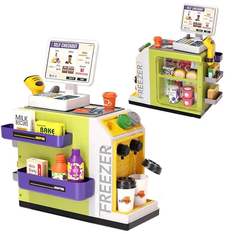 Toyshine 46Piece Supermarket Cash Register Playset with Calculator Scanner & Play Foods for Kids 3+