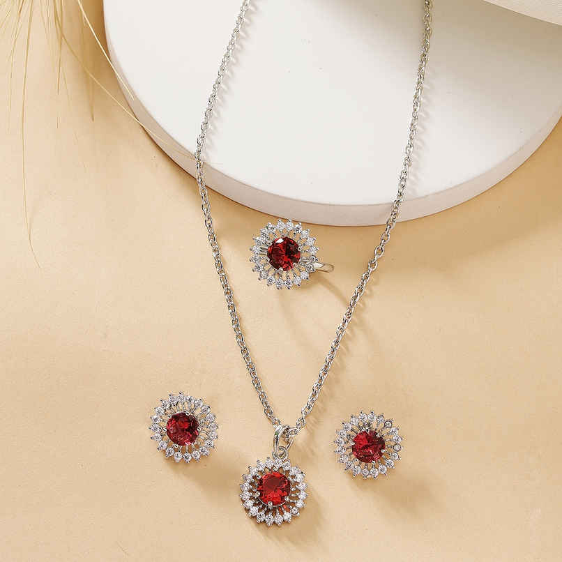 Zeneme Rhodium-Plated Red AD Crystal Round Necklace Earrings Ring For Women & Girls