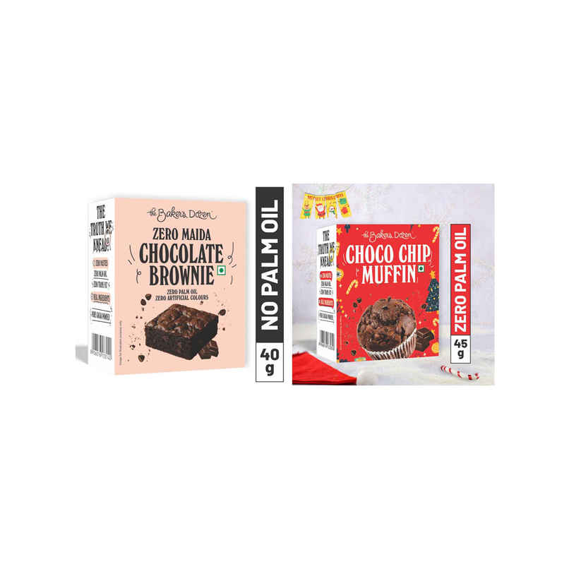 The Baker'S Dozen Zero Maida Chocolate Brownie | Bakery Delight (55g) & The Baker'S Dozen Choco Chip Muffin | Soft & Chocolatey (45g) Combo