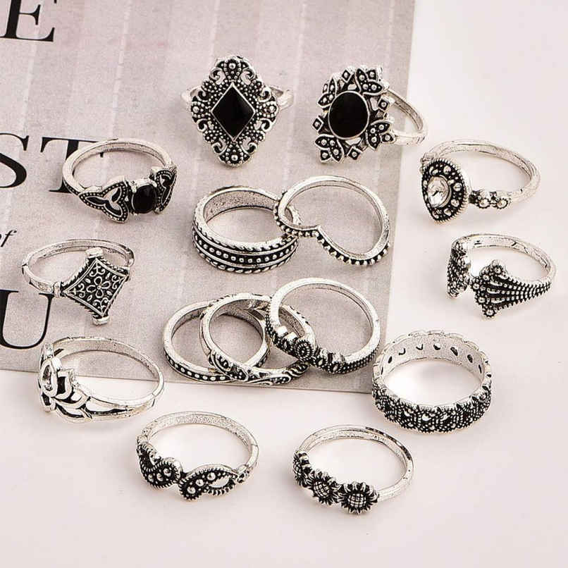YouBella Oxidised Combo of 15 Boho Silver Plated Rings for Girls and Women (Silver)