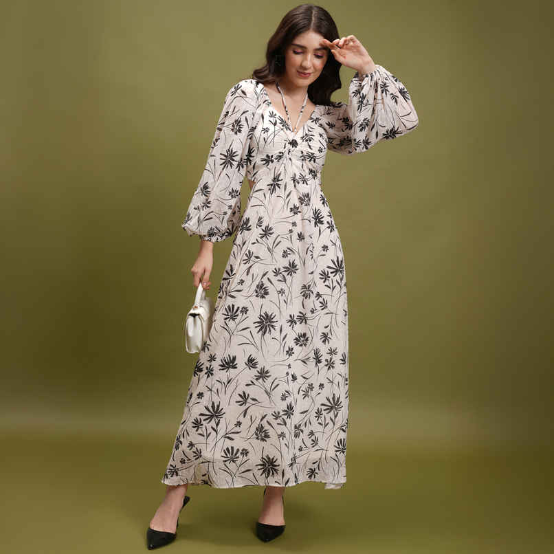Tokyo Talkies Women's Floral Printed Tie Up Neck Puff Sleeve Cut Out Maxi Dress | Off White - XL