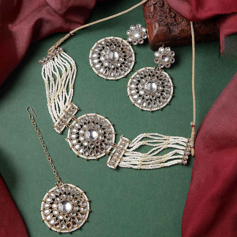 Sukkhi Desert-Inspired Gold Plated White Kundan & Beads Studded Collar Necklace Set