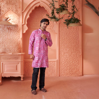 House Of Festivals Men's Printed Cotton Blend Long Kurta | Purple - M House Of Festivals Men's Printed Cotton Blend Long Kurta | Purple - M
