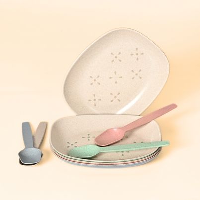 Eha Earth Friendly Small Snack Plates with Spoons | 6", 4 pcs, Multi-light | Rice Husk Biocomposite