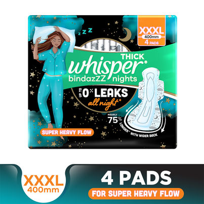 Whisper Bindazzz Nights Sanitary Pads | XXXL | 4 pcs Whisper Bindazzz Nights Sanitary Pads | XXXL | 4 pcs