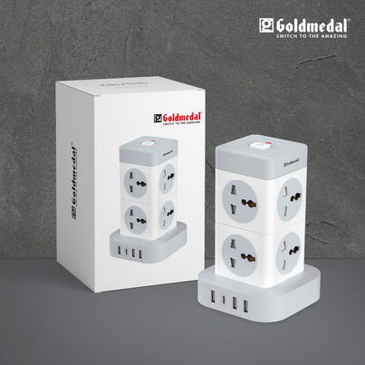 Gold Medal Turbomax 8+4 Extension Board | 8 Universal Sockets with Safety Shutter | 3 USB & 1 USB-C Port | Master Switch with Indicator | 2-Meter Extension Cord