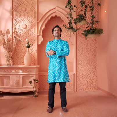 House Of Festivals Men's Printed Cotton Blend Tie & Die Look Long Kurta | Blue - L House Of Festivals Men's Printed Cotton Blend Tie & Die Look Long Kurta | Blue - L