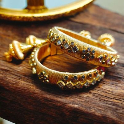 House Of Festivals Designer Bangles with Silk Thread Work - Beige