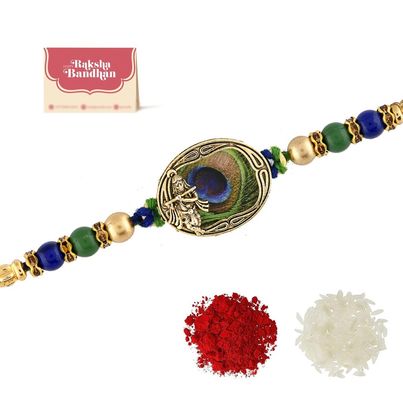 Thread Peacock Feather Beaded Single Rakhi (Voylla) Thread Peacock Feather Beaded Single Rakhi (Voylla)