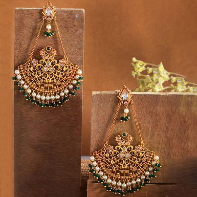 Voylla Abharan Ethnic White Pearls And Green Stones Filigree Earrings