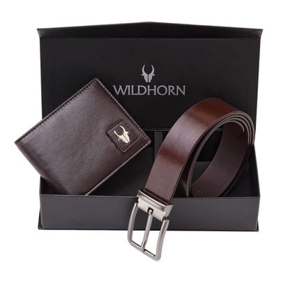 Wildhorn Men's Solid Leather Wallet and Belt Combo | Brown - Free Size Wildhorn Men's Solid Leather Wallet and Belt Combo | Brown - Free Size