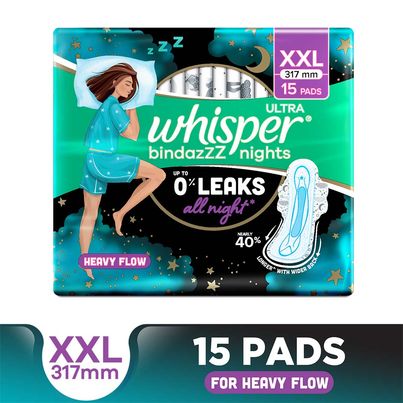 Whisper Bindazzz Nights XXL Sanitary Pads, Upto 0% Leaks All Night Long Whisper Bindazzz Nights XXL Sanitary Pads, Upto 0% Leaks All Night Long