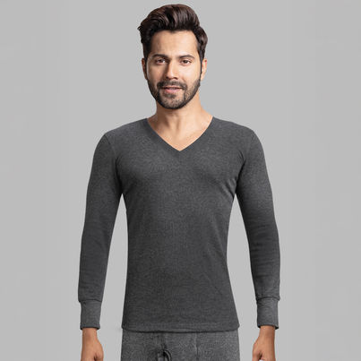 Lux Cozi Men's Heatek Thermal Comfort, Stretchable & Super Warm V-Neck Top | Black Melange-85