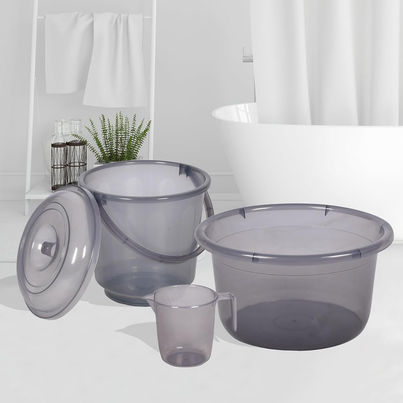 Kuber Industries Tub with Bucket & Mug Bathroom Combo Set|Set of 3|Transparent Gray Kuber Industries Tub with Bucket & Mug Bathroom Combo Set|Set of 3|Transparent Gray