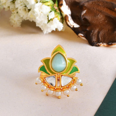 Voylla Forever More Floral Green Stone Enamelled Cocktail Ring