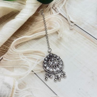 The Opal Factory Silver Oxidised Maangtika with Kundan work