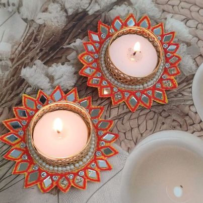 Kundan And Mirror Work Flower T-Light Holders | Pack Of 2 | Gullak Kundan And Mirror Work Flower T-Light Holders | Pack Of 2 | Gullak