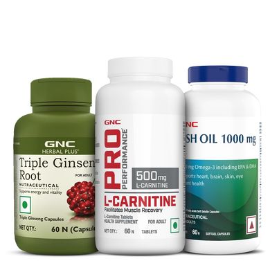 Pack of 3GNC Herbal Plus Triple Ginseng Root 60 Capsules Fish Oil 60 Softgels,L-Carnitine 30 Tablets