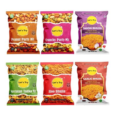 Let's Try Namkeen Combo Pack Of 6 (Crunchy Party Mix Peanut Party Mix Aloo Bhujia)