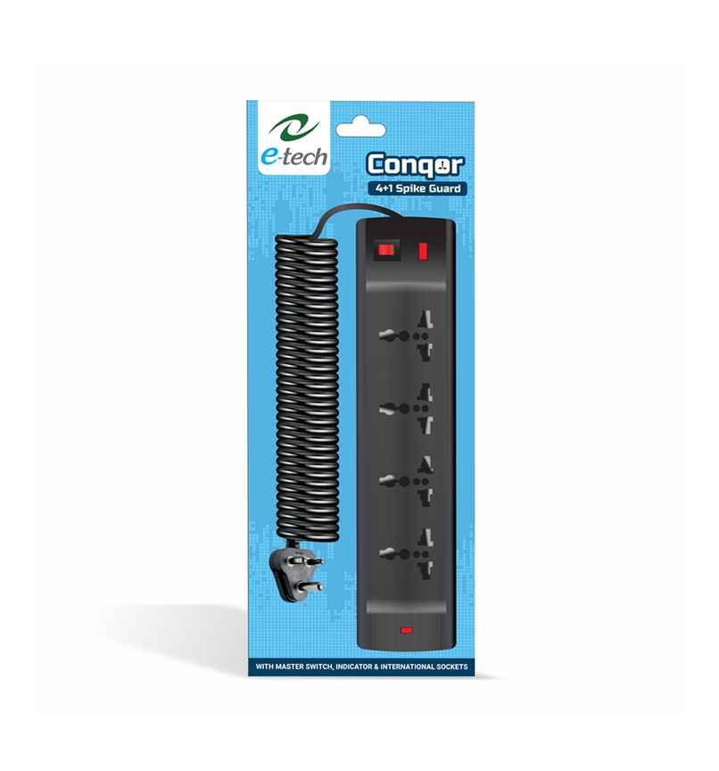 Etech Conqor 4+1 Spike Guard With Four International Socket | One Master Switch - LED Indicator