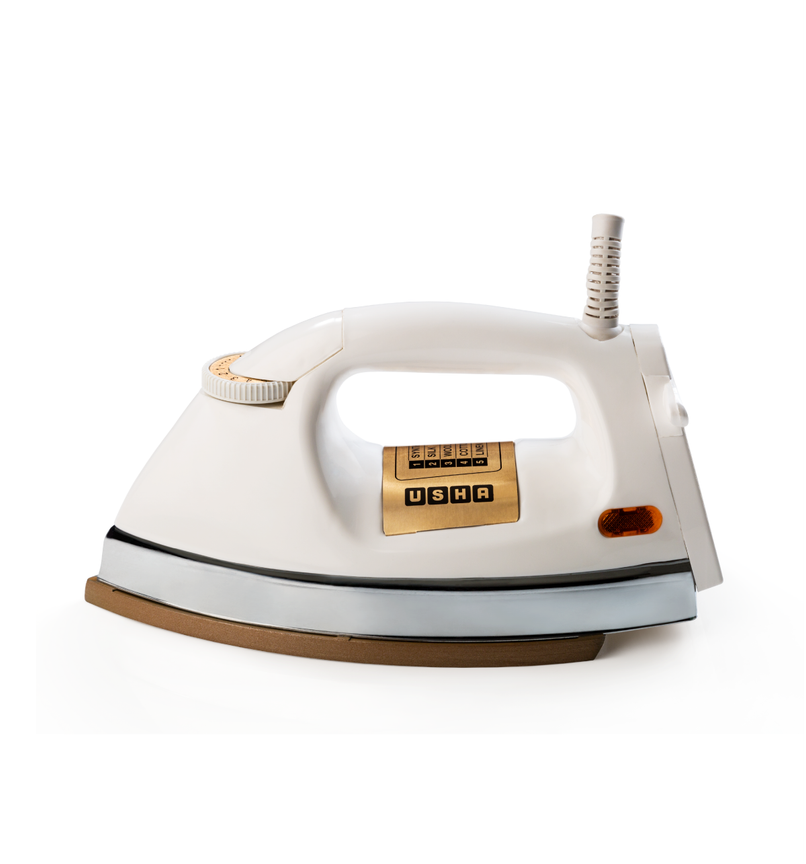 Usha Dry Iron 3710, 1000W, 1.75Kg Heavy Weight Golden Weilburger Soleplate, 360 Swivel Cord, White