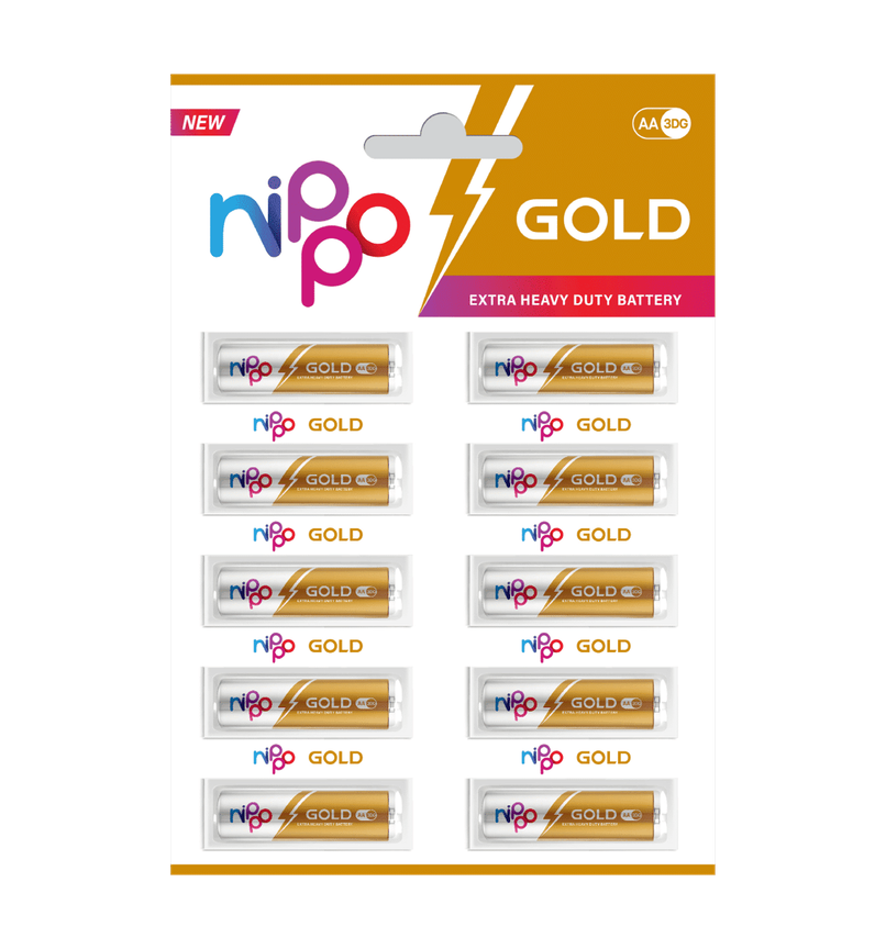 Nippo 3DG Gold AA Battery | 1.5 V | Leakproof |For Toys, Remotes, Clocks, Wireless Mouse - Pack of 10