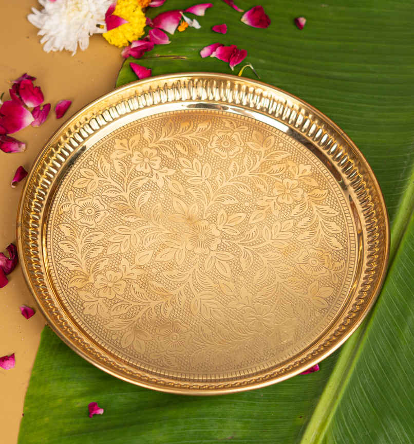 Pure Brass Floral Etchings Pooja Thali - 9 in | ServDharm