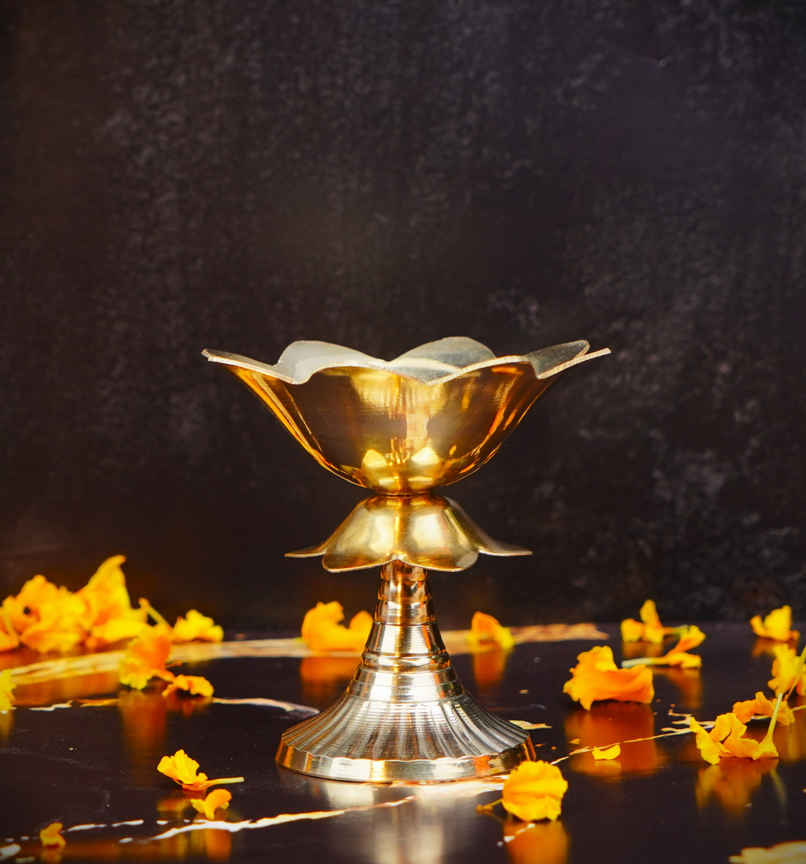 Lotus Shaped Akhand Diya | Golden | Traditional | Brass | ServDharm