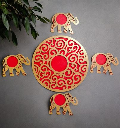 House Of Festivals MDF Elephant Rangoli - Red | 15 inch