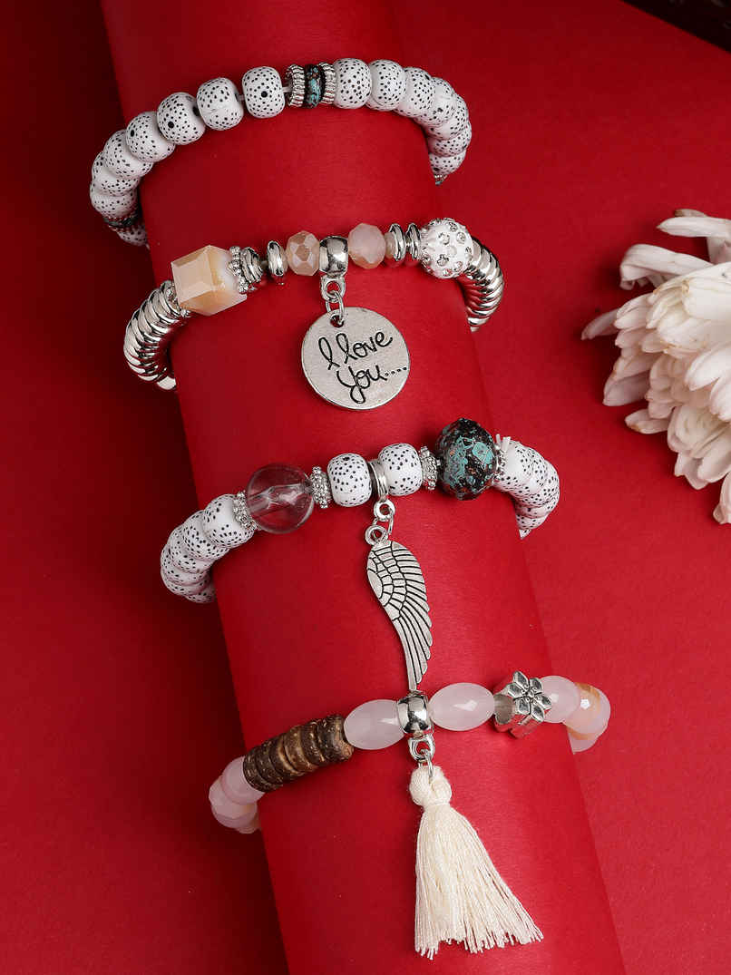 Scintillare By Sukkhi Charm Multilayer Beaded White Bangle & Bodhi Bracelet Jewellery For Women