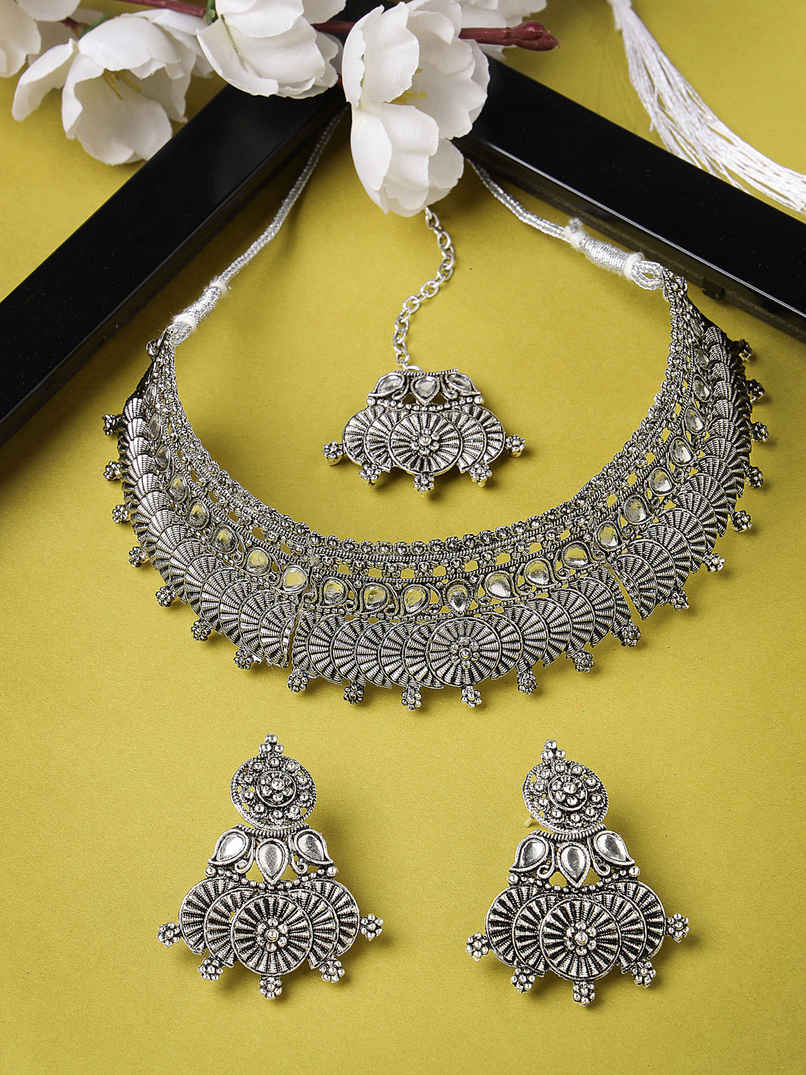 Sukkhi Oxidised Silver Plated Choker Necklace Set With Earring Mangtikka Set|NS105642 | NS105642