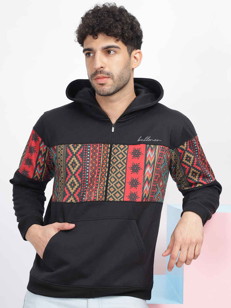 Bullmer Mens' Trendy Colourblock Fleece Hooded Neck Regular Hoodie Sweatshirt | Black - XL