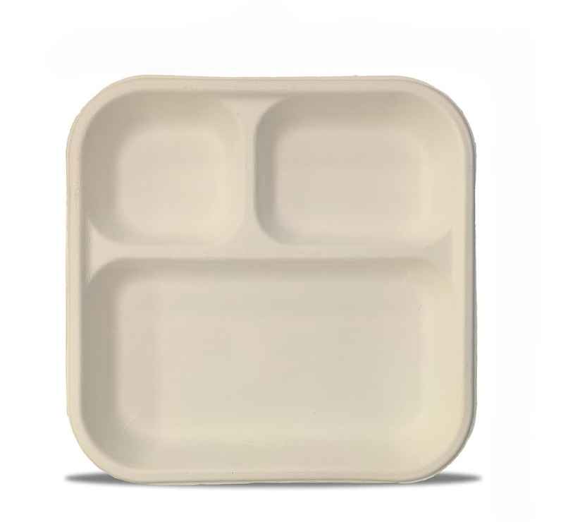 Sugarcane Fiber Pulp Plate | Round | 9 inch | 3 Compartment | Pack of 10 | Tempware Sugarcane Fiber Pulp Plate | Round | 9 inch | 3 Compartment | Pack of 10 | Tempware