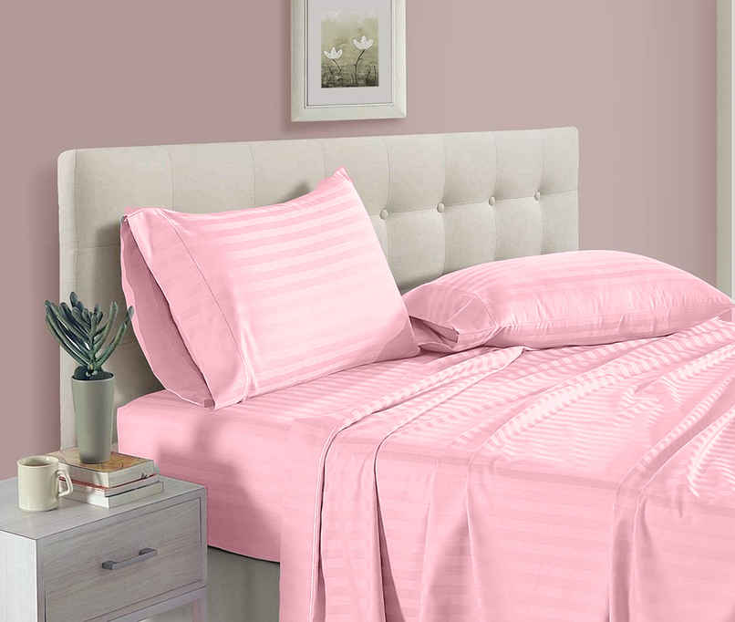 BAY6 100% Cotton 210 TC Satin Stripe Super King Bedsheet - 108 in x 108 in, Baby Pink