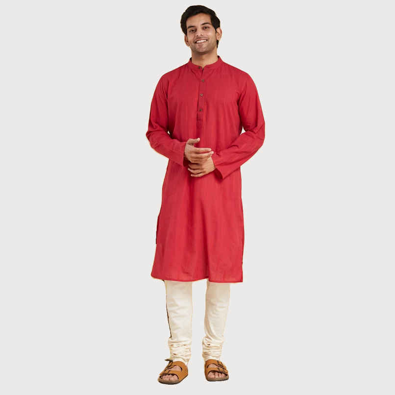 Fabindia Men's Long Kurta Slim Fit Dobby | Red - L