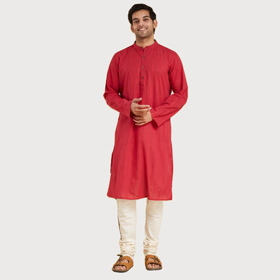 Fabindia Men's Long Kurta Slim Fit Dobby | Red - L Fabindia Men's Long Kurta Slim Fit Dobby | Red - L