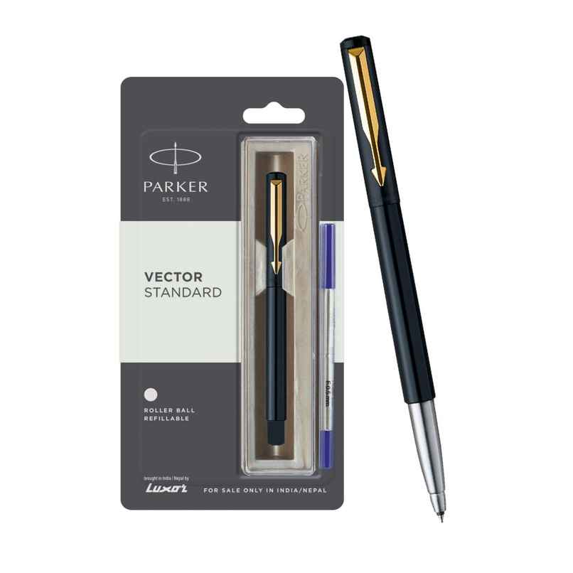 Parker Vector Standard Gold Trim Roller Ball Pen | Ink Color -Blue |Built for long writing sessions