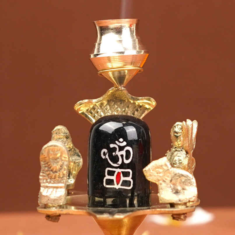Stone Shivling with Brass Abhishek Patra | Shiva Lingam Pooja Set | Servdharm