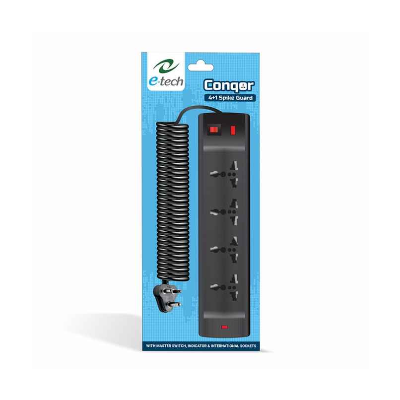 Etech Conqor 4+1 Spike Guard With Four International Socket | One Master Switch - LED Indicator