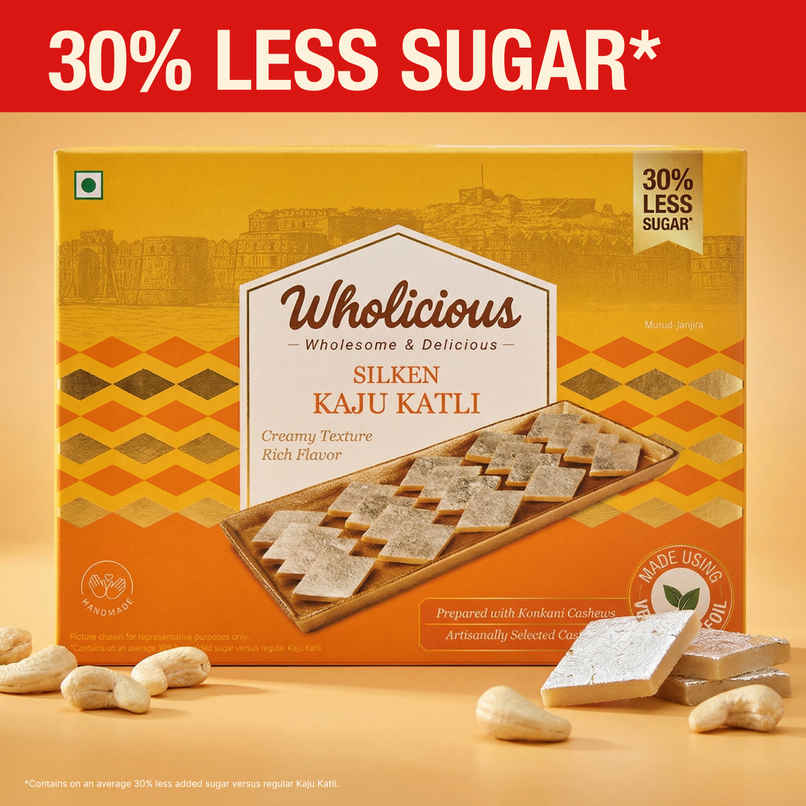 Wholicious Silken Kaju Katli | Low Sugar | Kaju Barfi | Made with Konkani Cashews | Veg Silver Foil