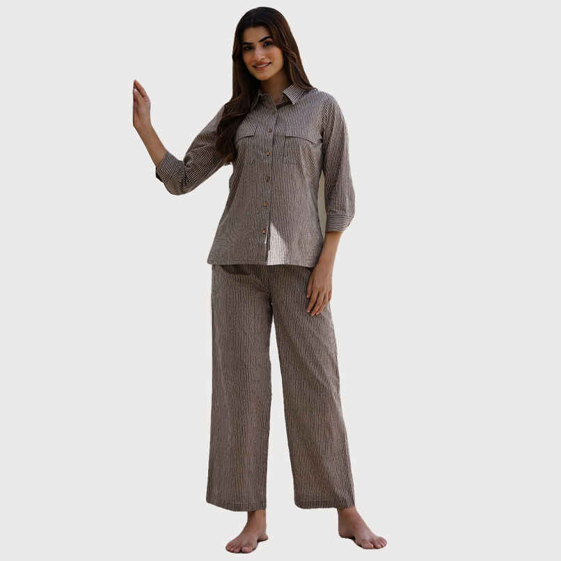 Sanskrutihomes Women Striped Shirt Collar Pure Cotton Beige Night Suit SE-NSP-615 | S