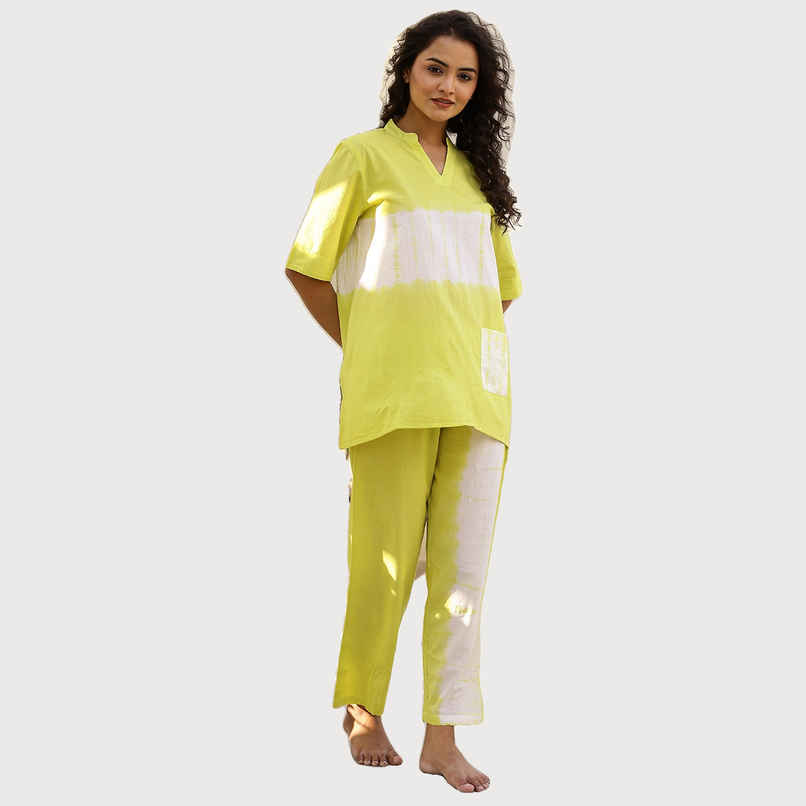 Sanskrutihomes Yellow Tie and Dyed Pure Cotton Night Suit | XL