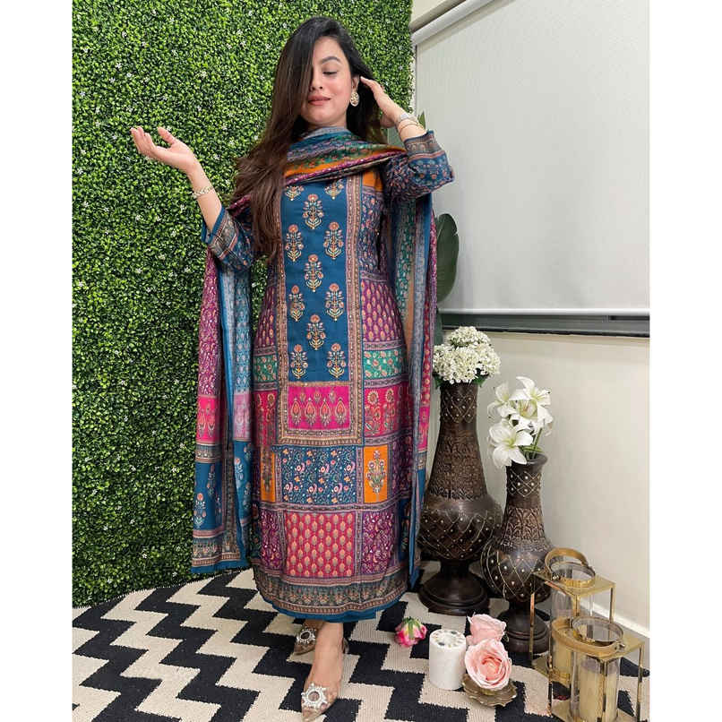 GoSriKi Women's Rayon Blend Straight Printed Kurta with Pant & Dupatta | SULA | Multi - M